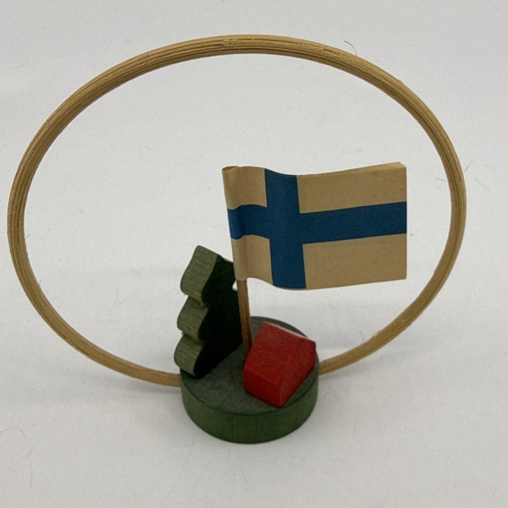 Rare Vintage Adorable Red Wooden Elf With Gifts on Log Base from Aarikka Finland
